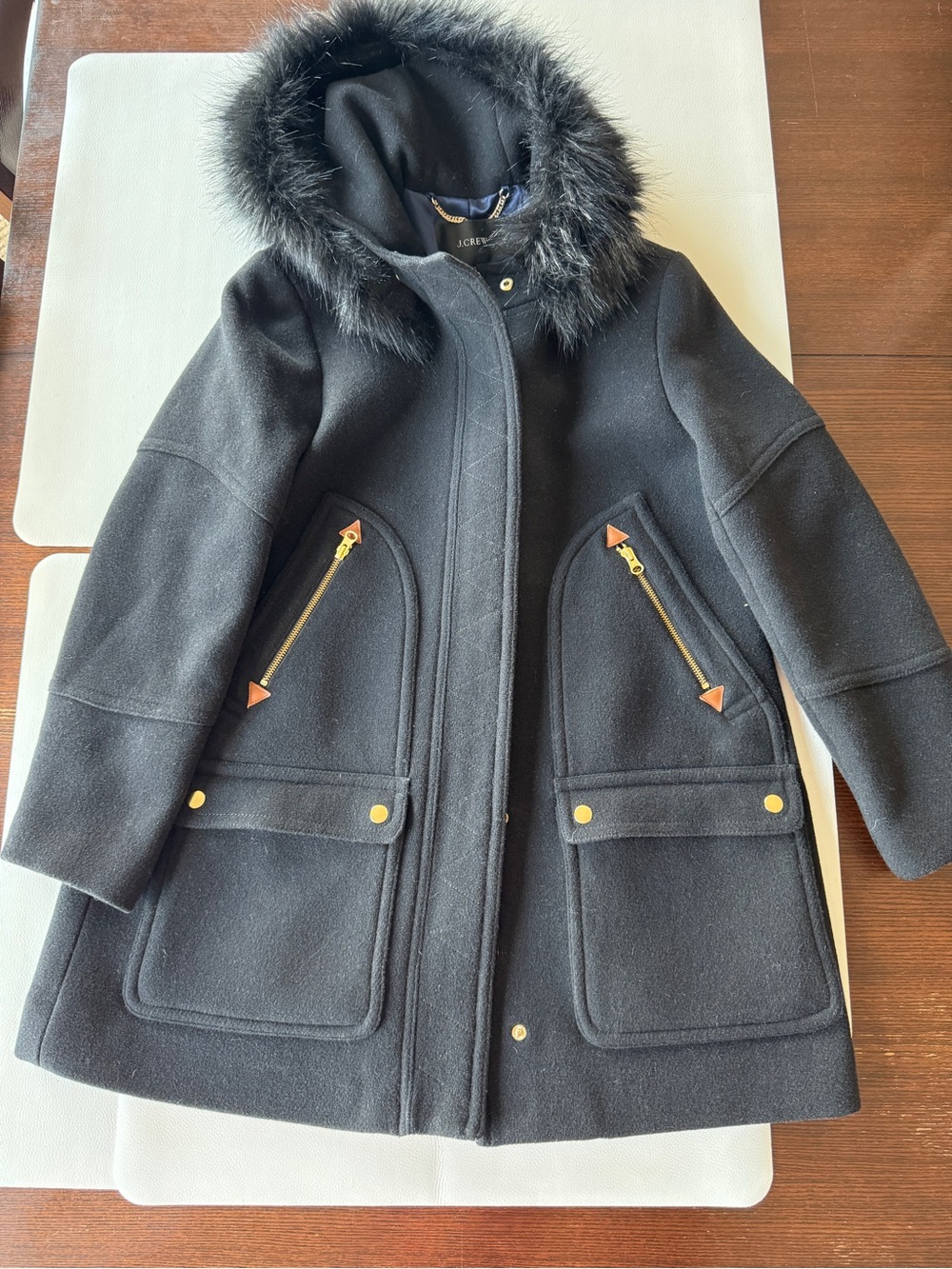 J Crew Women's Black Wool Hooded Coat with Faux Fur Trim
